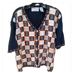 Vtg Hand Embroidered Northern Isles Knit Short Sleeve Checkered Sweater Large